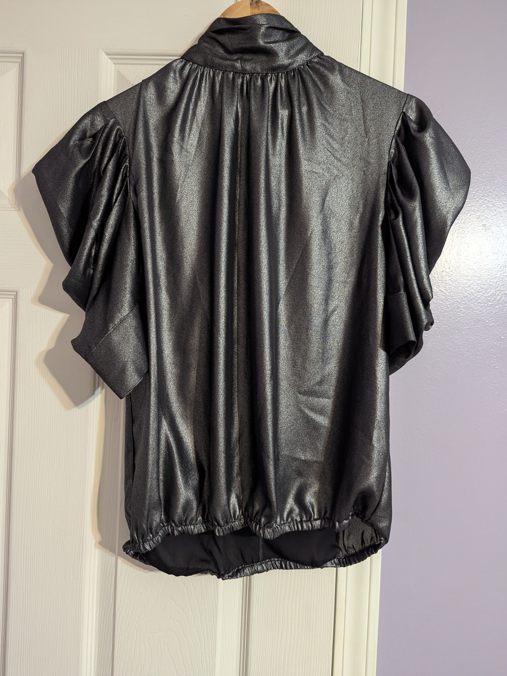 New York & Company Metallic Black Short-Sleeve Blouse